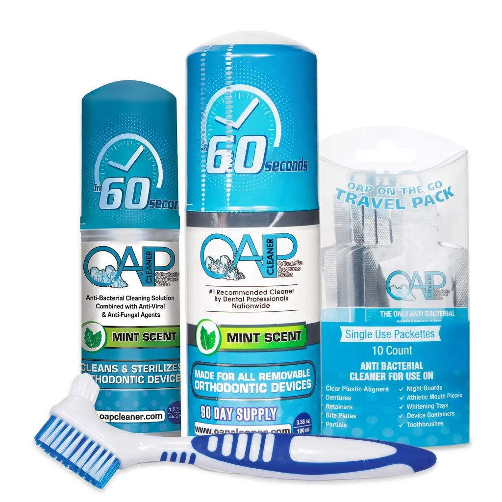 OAP Cleaner Essentials Kit | 100mL + 44.3mL Foam with Free Denture Brush & Travel Pack (10 Count)
