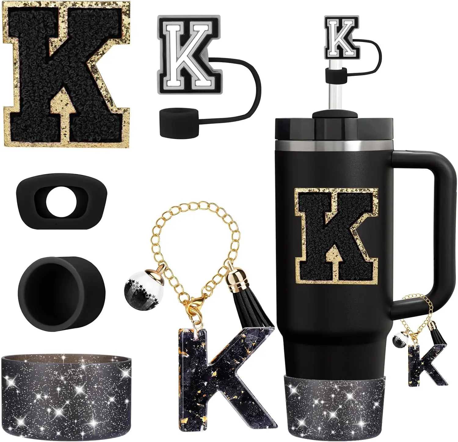 Mity rain 6PCS Cup Accessories Set for Stanley Cup 30oz 40oz tumbler with handle, Black Accessories Including Straw Topper, Boot, Spill Proof Stopper, Handle Charm, Initials Sticker(Letter K)