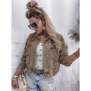 Women’s retro distressed rivet denim short jacket, loose denim top with large pockets, fashionable multifunctional retro casual item GARMENTARY