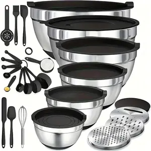 Mixing Bowls with Airtight Lids, 6PCS Stainless Steel Nesting Mixing Bowls Set, 3 Grater Attachments & Non-Slip Bottoms, Black Kitchen Bowls, Baking & Serving