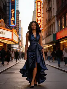 Elegant Satin V-Neck Gown with Asymmetrical Ruffle Hem & Tie Waist - Luxurious Fitted Evening Dress for Parties, Weddings, and Formal Events, Navy Blue Dresse For Women, Elegant Party Dress For Women, Dress For Lady, Elegant Dress For Women