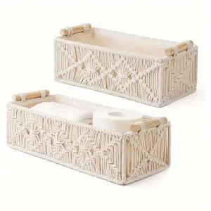 Bohemian Macrame Storage Basket - Handwoven Multi-Purpose Fabric Organizer for Home, Bathroom, Bedroom, Living Room & Shop Storage Interior