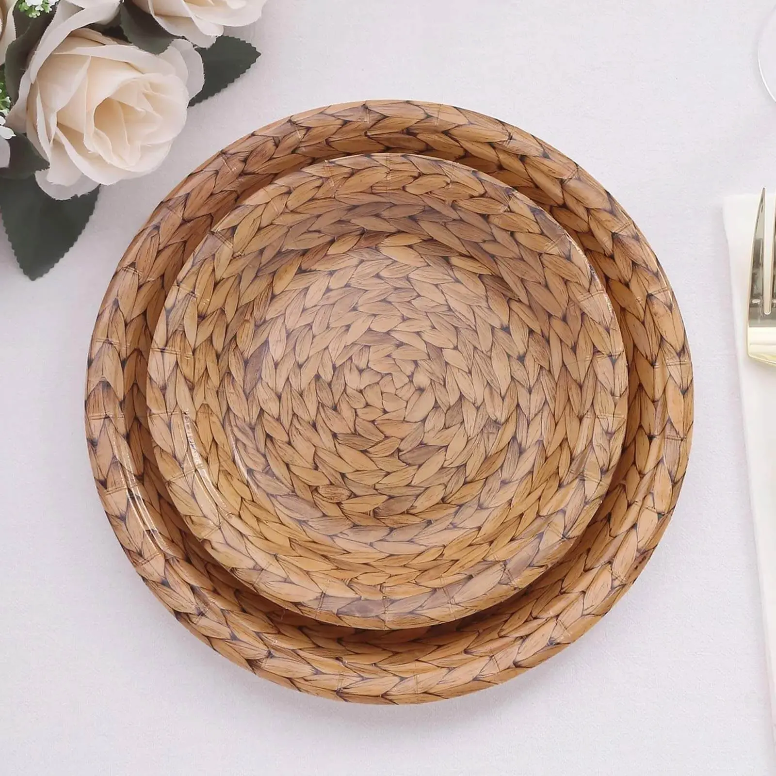 25-Pack 7" Round 300GSM Natural Paper Dessert Plates with Woven Rattan Print - Rustic Farmhouse Disposable Salad Serving Plates for Birthday, Indoor/Outdoor Food & Beverage Events (All Seasons, Party Hosts), Baby Shower