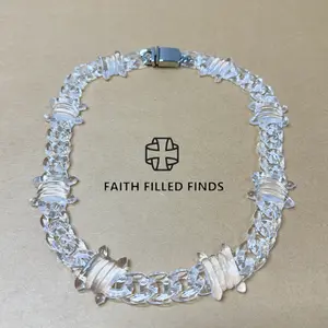 FaithFilledFinds Clear Barbed Wire Chain Necklace, Hip Hop Style X-Ray Link Choker for Men, Women, Boys and Girls, Punk Goth Jewelry for Daily Wear, TikTok Trend Streetwear Necklace, Alternative Fashion Necklace for Birthday Gift, Parties, Holiday Gift