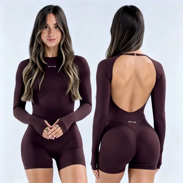 (With Logo) Women's DFYNE Impact Long-Sleeve 1-Piece Sports Jumpsuit - Backless Cut, Body-Hugging Soft Corset Bodysuit, Gym/Yoga Fitness Gear, Multiple Colors Sportswear