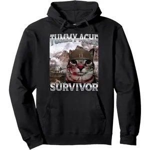 Tummy Ache Survivor Cat Meme Funny Saying Pullover Hoodie