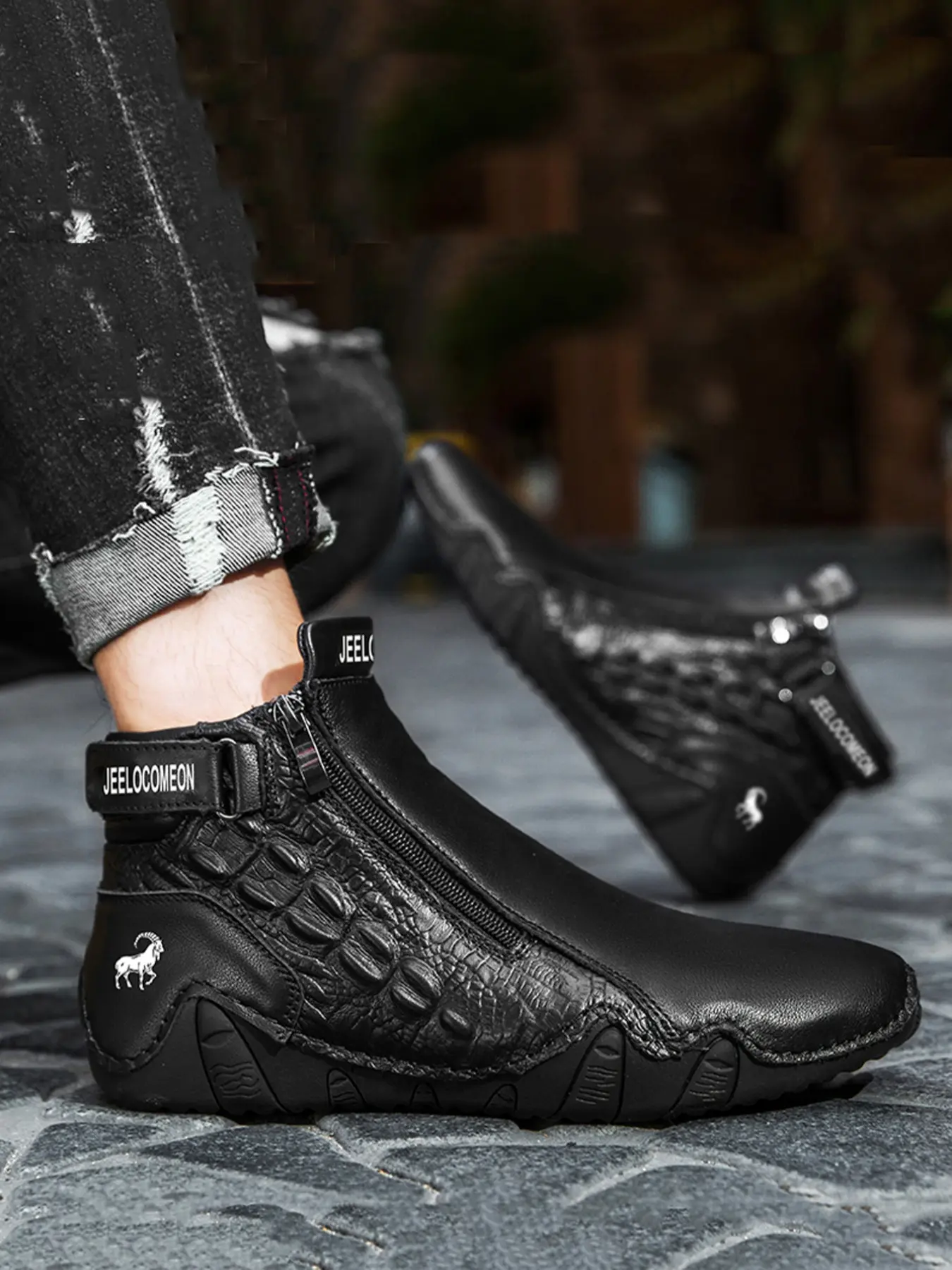 Men's Fashion Ankle Bootie Round Toe Boots, Animal Print, Side Zipper Design, Closed, Casual Comfortable Outdoor Shoes, All Season Wear, Trendy and Versatile