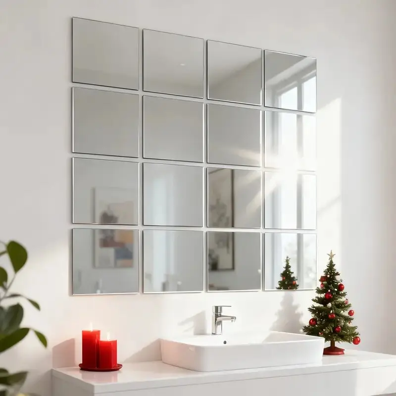 16pcs, Wall Stickers Decor, wall decor, Silver square mirror wall sticker, 20cm x 20cm detachable 3D stereoscopic acrylic wall sticker, DIY creative decorative sticker with adhesive backing, suitable for home & office decoration