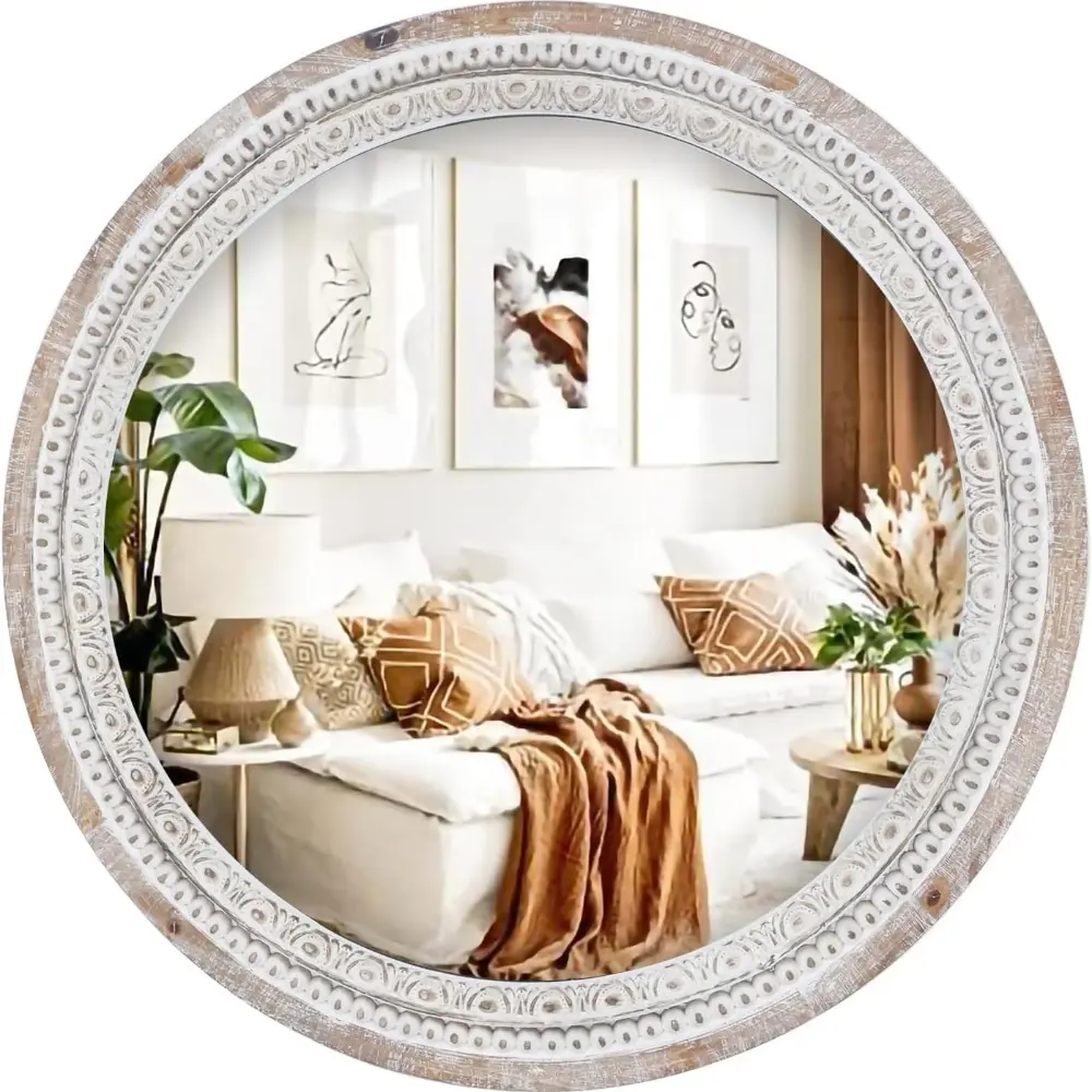24-Inch Round Farmhouse Wall Mirror with White-Wash Beaded Wooden Frame, Rustic Distressed Design, Wall Mount for Bathroom, Bedroom Room Decor (Farmhouse Look)