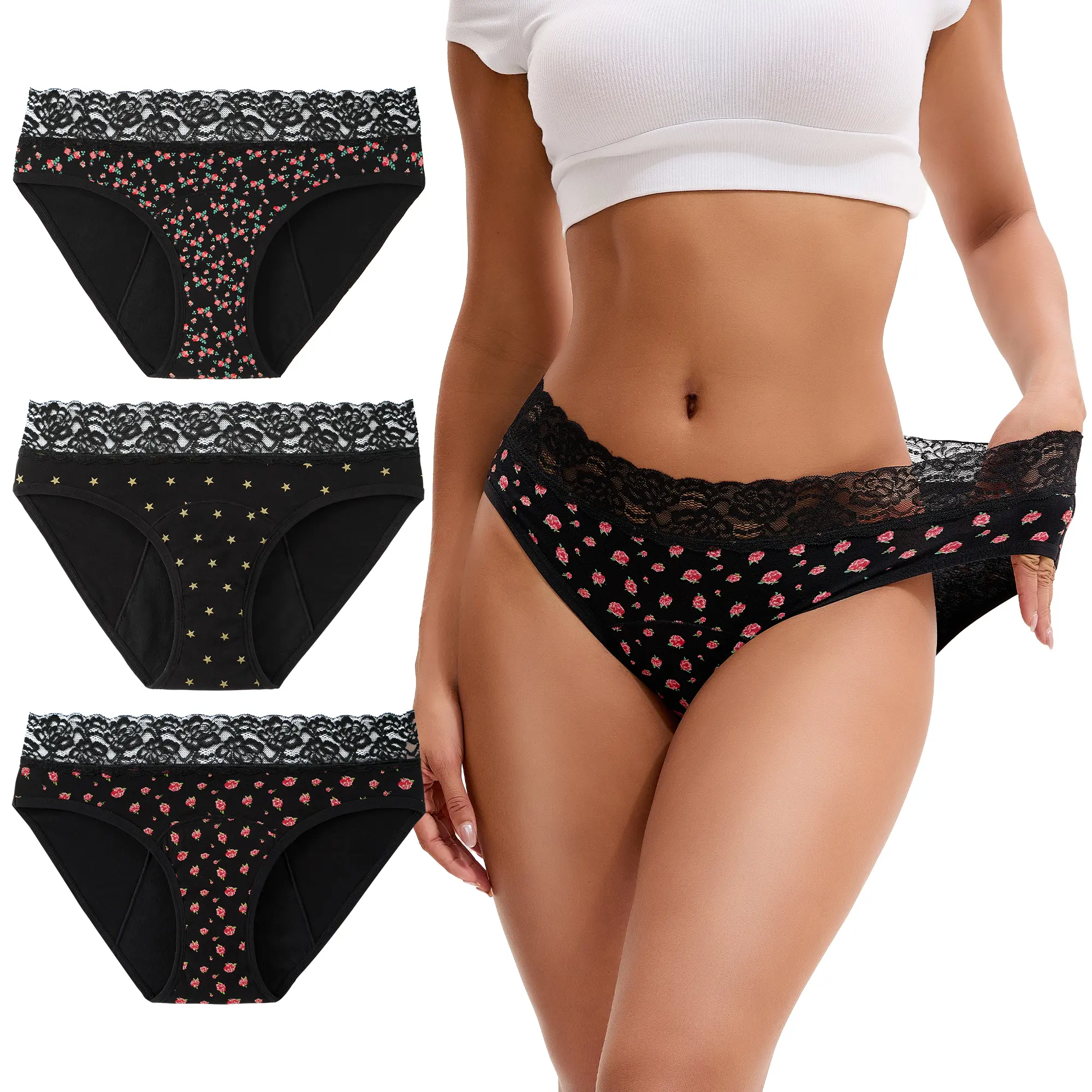 INNERSY Women's Cotton Period Underwear, High-Waist Briefs with Lace Waistband, Stretchy Spandex for Light Flow, Pairs with Pads, 3-Pack, Fabric, Hip, Cotton Underwear Medium Panties