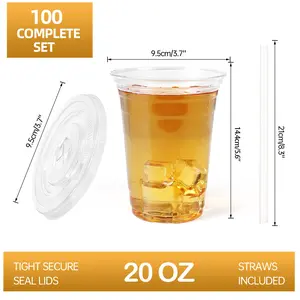 Clear Plastic Cups 100 Pack 20 oz Disposable Cold Drink Cups for Party Picnic BBQ Travel Sturdy BPA-Free with Tight Secure Seal Lids & Straws Included