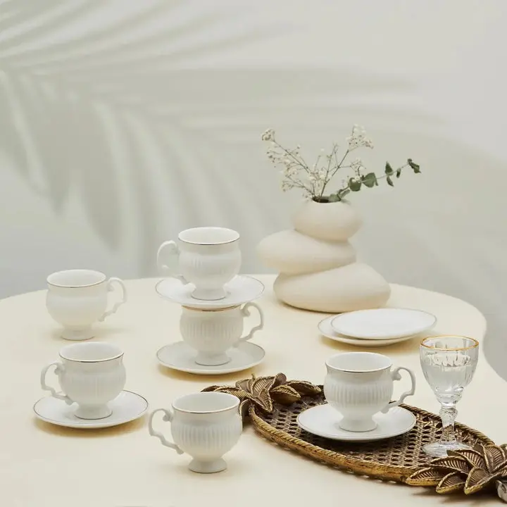 Karaca Malta 12-Piece Turkish & Espresso Coffee Cup Set for 6, 100ml, White & Gold Porcelain