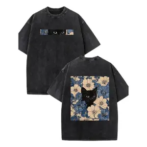 Black Cat Floral Pattern Fun Print Vintage Washed Pure Cotton T-shirt Y2k Style American Street Style Suitable for Both Men and Women To Wear Clothes