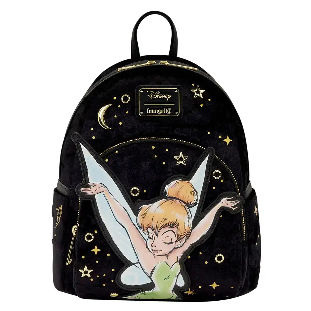 Women's Fairy Character Mini Backpack - Black Crushed Velvet, Debossed Print, Gold Foil, Rivets, Eyelets, Unique Decorative Accents, Backpacks Women, Rivet Detail