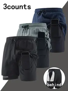Men's Casual Solid Color Print Two-In-One Belted Shorts with Lining Pockets, Training Sports Waistband Shorts, Adjustable Shorts, Gym Workout Shorts, Drawstring Active Shorts, Tight Fitted Shorts