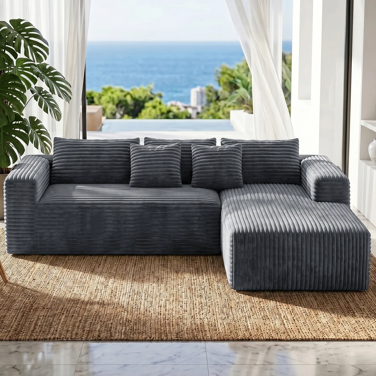 【Summer Wins】Joylsle Gray 104" Wide Luxury Corduroy Modular Couch, Comfy L-Shaped Sectional with Deep Seating & Low Profile, 2 Packages with 1 Large Chaise and 2 Throw Pillows, Easy Assembly Sofa for Office & Home，a cloud couch,sofas living room
