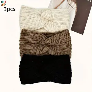 Cubidupi Triple KnotWarmth Ribbed Knit Headband Set-3pcs (Classic Neutrals:Beige/Brown/Black)