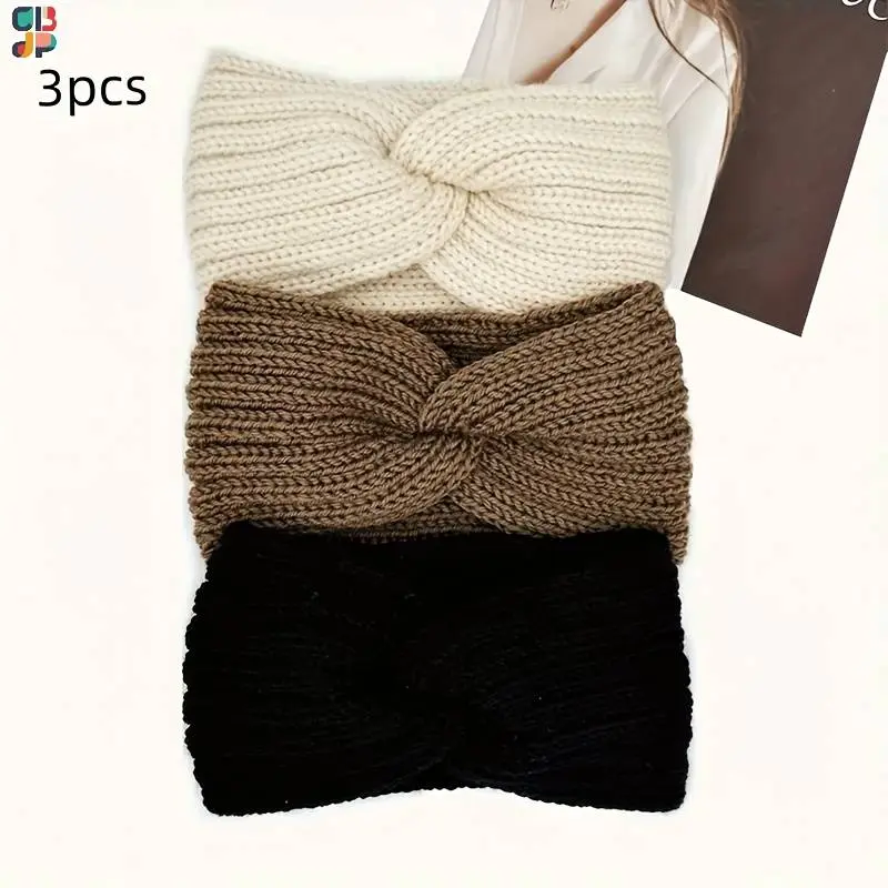 Cubidupi Women's 3-Piece Knotted Ribbed Knit Headband Set - Classic Neutrals (Beige, Brown, Black) | Warmth Knotted Headband for Women, Headbands For Women