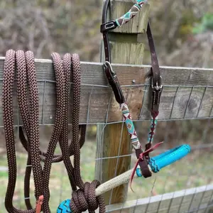Beaded Complete Bitless Hackamore Rawhide Bosal Bridle Set Horse Size