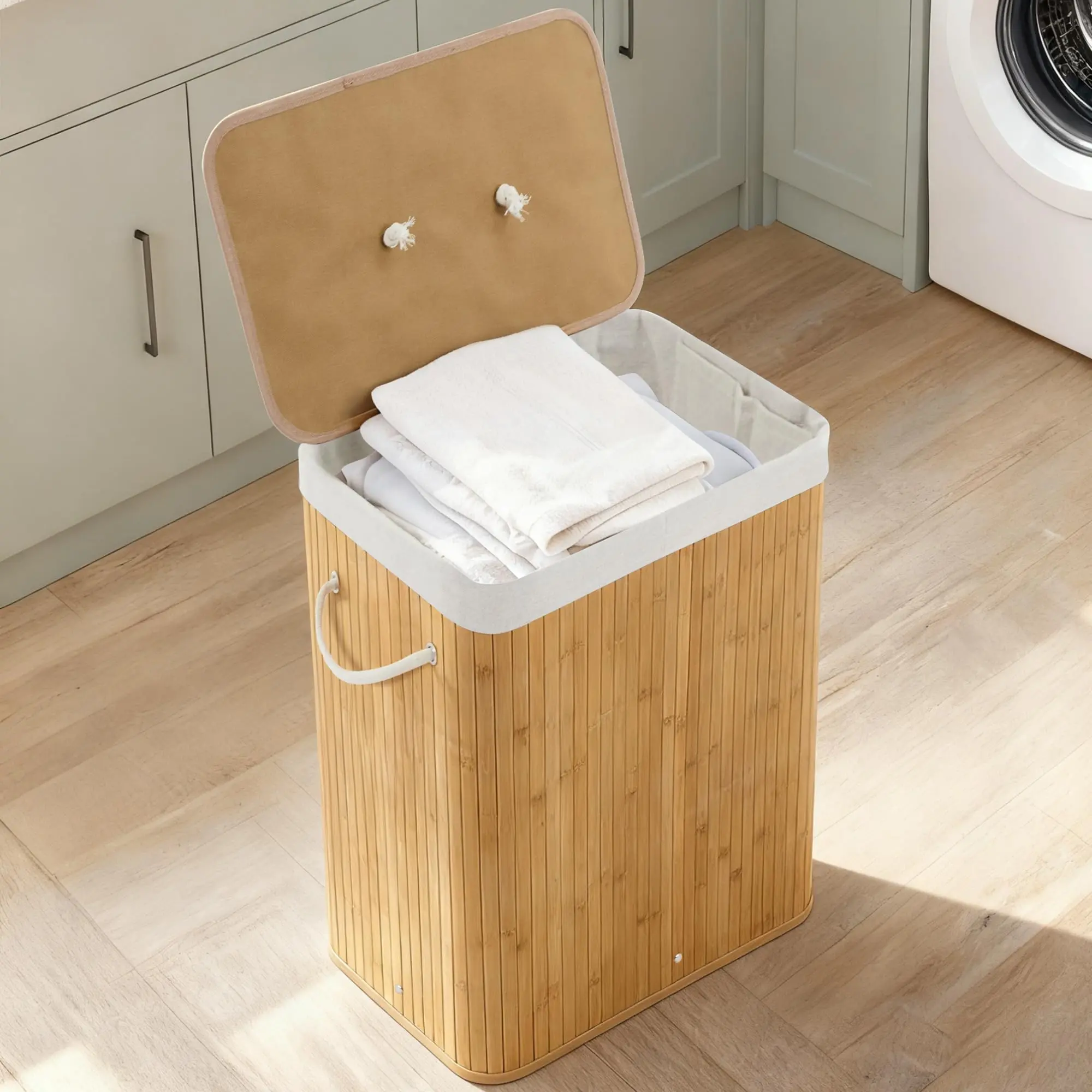 Garvee 106L Large Bamboo Laundry Basket with Lid, Foldable Clothes Hamper Featuring Handles and Removable Bag, Ideal for Bedroom, Bathroom, Dorm, and Laundry Room Organization
