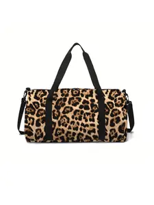Leopard print large capacity travel duffel bag, portable storage bag