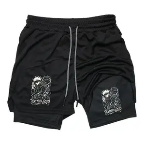Men's 2-in-1 Double Layer Drawstring Workout Shorts, Jujutsu Kaisen Satoru Gojo Print Stretchy Athletic Gym Shorts with Built-in Liner, Quick Dry Training Shorts for Anime Fans basketball shorts