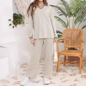 GUNEST Women's 2-Piece Sweater Suit Set Loose Fit V-Neck Knit Top & Wide-Leg Trouser Pants Casual Striped Clothes for Everyday Wear Longsleeves Gamis