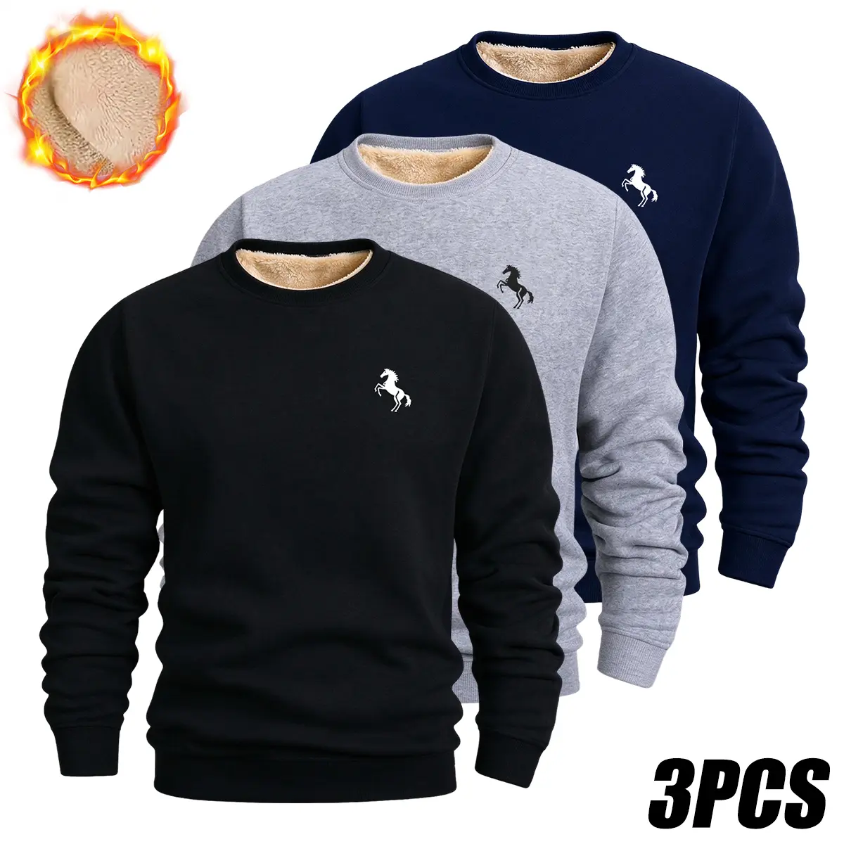 Men’s Soft Fleece-Lined Warm Sports Shirt Set – Comfortable Polyester Crewneck Pullover – Long-Sleeve Top Suitable for Winter, Autumn, Cold Weather, Hiking, and Everyday Casual Wear