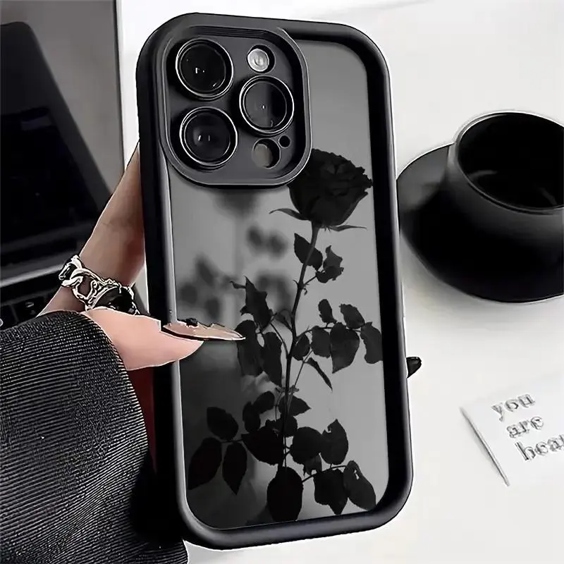 A Minimalist Dark-Themed Black Rose Phone case for iPhone 17 Pro Max 16 Plus 15 14 13 12 11 Air XR E Shockproof Silicone TPU Bumper Drop Protection Soft Cover