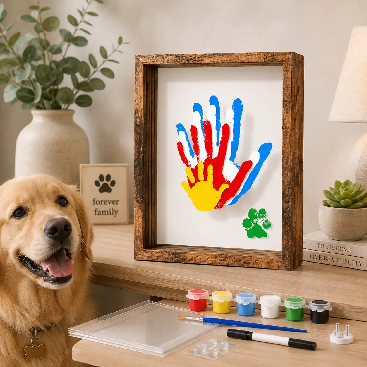 DIY Family Handprint Frame Kit, Wooden Shadow Box with Layered Acrylic Sheets, Family Keepsake Craft Set for Parents, Nursery Decor & Home Display