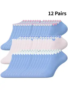 Girls Heart Lace Ankle Socks 6/12/24 Pairs Soft Breathable Cotton Blend Low Cut Casual Daily Wear Socks