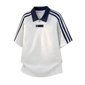 Vintage half-zip polo shirt for men, summer preppy striped collared short sleeves, zip-up striped summer patchwork collared short sleeves, casual loose-fit trendy top summervibes