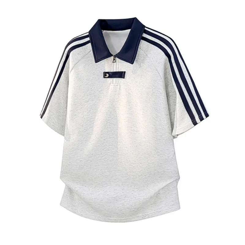 Vintage half-zip polo shirt for men, summer preppy striped collared short sleeves, zip-up striped summer patchwork collared short sleeves, casual loose-fit trendy top