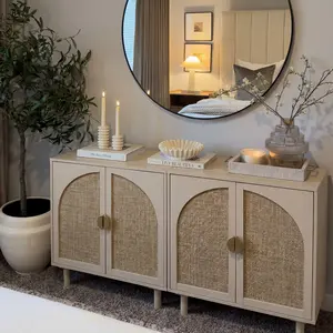 Summervibes,Mother's Day,YMW Beige Boho Rattan Storage Cabinet - Indoor Sideboard with Adjustable Shelf, Magnetic Door Latch for Modern Home Decor, Ideal for Living Room, Bedroom fathersdaygift