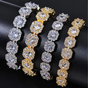 10/12MM Square Clustered Moissanite Bracelet Necklace For Women Men HipHop Link Choker Iced Out Moissanite S925 Silver Color Fashion Rock Jewelry