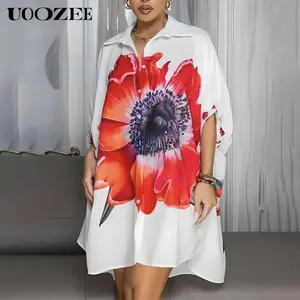 UOOZEE Women's Summer Oversized Floral Printed Shirt Dress, Fall New Button Down Half Sleeves Knee Length Casual/Beach Dresses(Sizing Runs Large - Check Size Guide or Order Smaller)