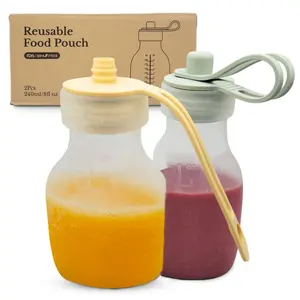 Renew Rations Silicone Reusable Pouches (applesauce, smoothie, protein shake, yogurt, juice container) all ages, Refillable BPA-Free non-toxic Food/ Beverage Pouches, Freezer & Dishwasher Safe - 8 oz - Pack of 2 neutral colors - leakproof waterbottle