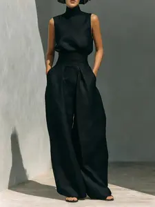 Women's Light Mature Style Linen Texture High Neck Sleeveless Waist Cinch Wide Leg Pants Set, Elegant Commute Two-Piece Set, Solid Linen Set