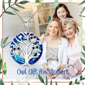 1Pc Creative Round Artificial Crystal Cute Owl Tree of Life Pendant Necklace for Women Exquisite Cartoon Animal Jewelry Stainless Steel Chain Accessories Suitable for Women, Daughters, Girls Holiday Gifts
