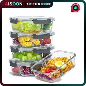 AISOON 5 Pack (36oz) Borosilicate Glass Meal Prep Containers with Upgraded Snap Locking Lids Glass Food Storage Containers, Microwave, Oven, Freezer and Dishwasher Airtight Leak Proof Set