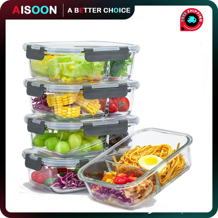 AISOON 5 Pack (36oz) Borosilicate Glass Meal Prep Containers with Upgraded Snap Locking Lids Glass Food Storage Containe