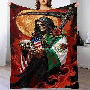 Grim Reaper Flannel Blanket US Mexico Flag Skeleton Santa Muerte Flannel Blanket, Day of the Dead Print, UltraSoft, Lightweight, AntiPilling, AntiWrinkle, Perfect for Gothic Decor, Spiritual Practices, Home Decor, and Thoughtful Gift Giving