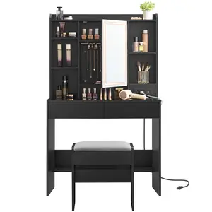 VASAGLE Vanity Desk with Power Outlets, Makeup Vanity with Mirror and Lights, Upholstered Vanity Stool, Dimmable LED Lights, 2 Drawers, for Bedroom