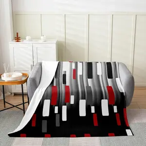 Feelyou Geometric Strip Sherpa Blanket - Red Adult Cozy Soft Fleece Throw Blanket, Abstract Square Plush Room Accessory for Bed, Sofa, Cozy Throw Blanket, Soft Fleece Blanket