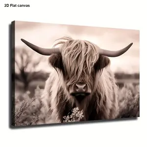 1pc Artistic Scottish Highland Cow Canvas Wall Art Print - Multi-Size Framed or Unframed, Rustic Farmhouse Animal Print, Wood Frame & Wrapped Canvas for Cottagecore Decoration, 2D Flat Room Decor, Ideal Housewarming Gift
