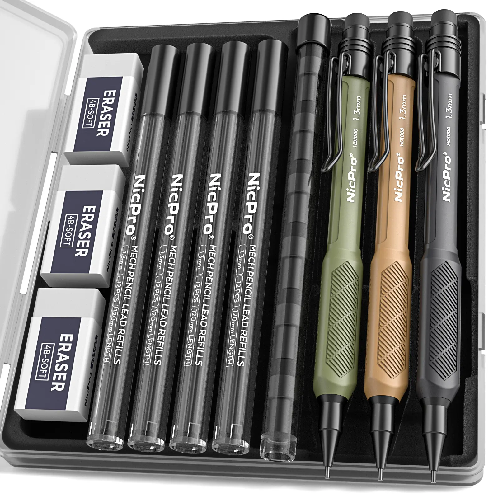 Nicpro 3 PCS 1.3 mm Mechanical Pencils Set with 51 Lead Refill, 3 Eraser - Weatherproof Barrel Pencil for Outdoor Marking, Drafting, Drawing, and Woodworking