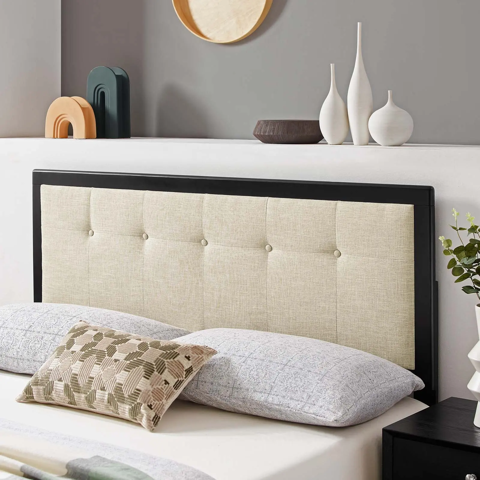 Modway Draper Tufted Queen Fabric-and-Wood Headboard - Unique Bedroom Furniture, Black-Beige Black Furniture Headboards