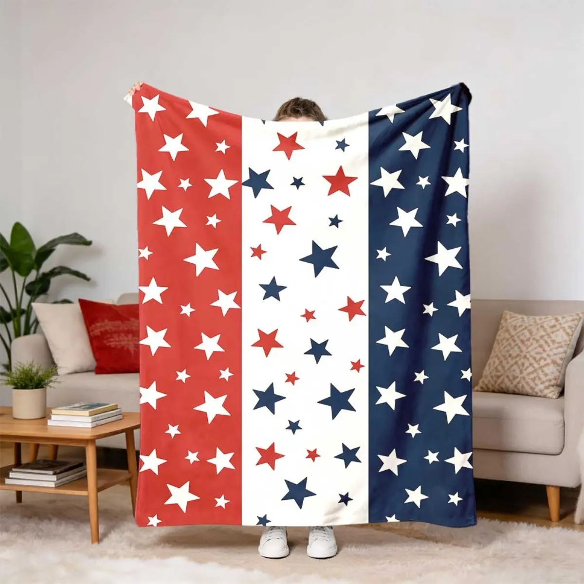 1pc Patriotic American Flag Star-Spangled Red-White-Blue Fleece Blanket - Soft Warming Bed Sofa Throw, Decorative Bedroom Accent, Blanket for Couch Use, Bed Sofa Blanket