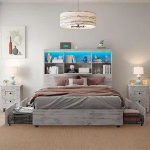 AMERLIFE Full/Queen/King Size Bookshelf Bed Frame with LED Headboard and 4 Drawers, Farmhouse Wood Storage Bed with Charging Station, No Box Spring Needed/Luxury Bedroom Furniture