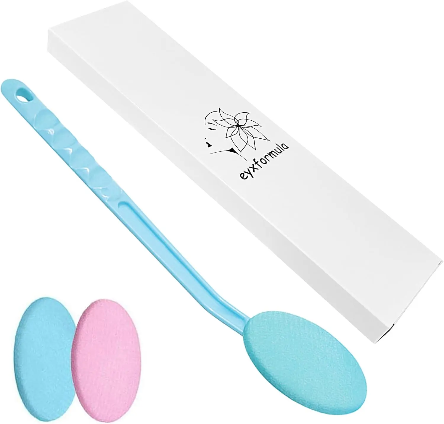 Eyxformula Long Durable Handle Lotion Applicator - 15.5 in Ergonomic Curve Wand, 2 Latex-Free Easy Detachment Pads, Fully Washable Hygienic Reuse Bathing Accessory for Back Access, Adult Gift, Sensitive Safe, Youth, Lotion Wand